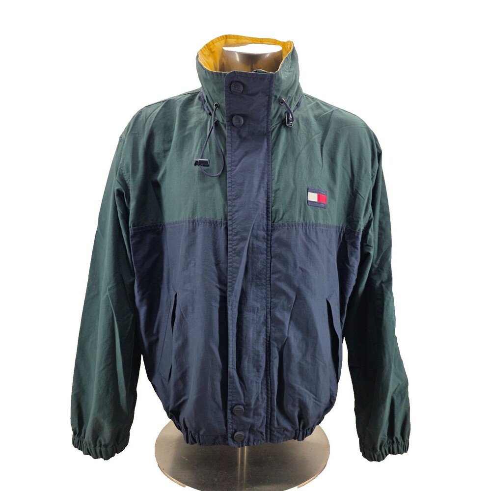 Vtg Tommy Hilfiger Jacket Men XL 90s Green Blue Hidden Hood Bold Colorblock